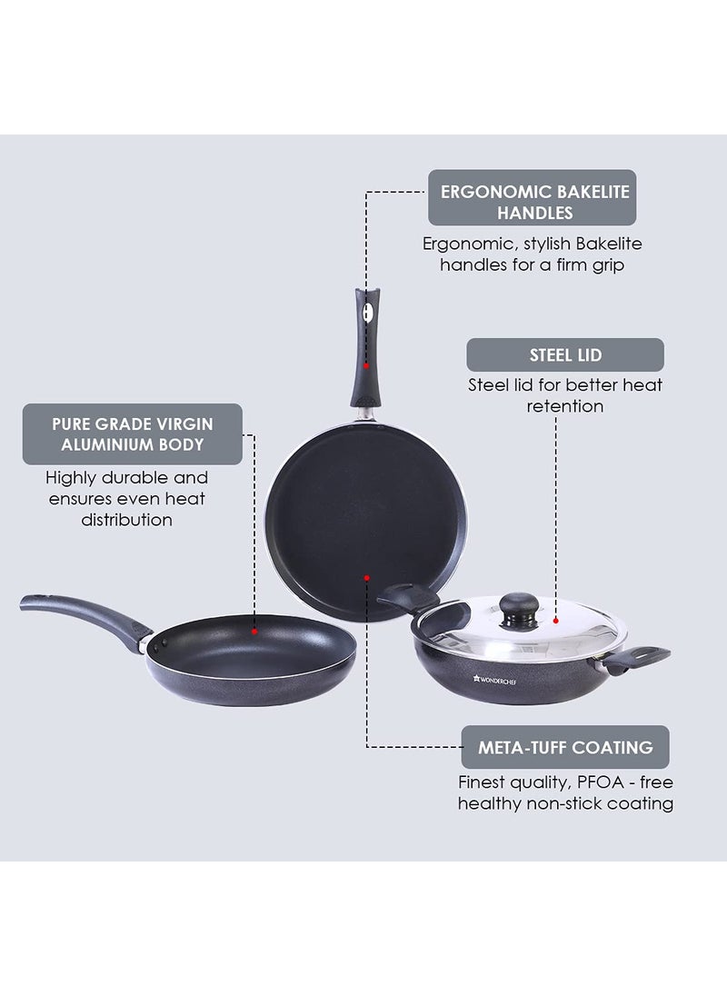 Wonderchef - Wonderchef Platinum Plus Non-Stick Cookware Set Of 4|Kadhai With Glass Lid 24Cm,Fry Pan 24Cm&Dosa Tawa 25Cm|Cool-Touch Bakelite Handle|Pure Grade Aluminium|Pfoa Free|1 Year Warranty|Black - Image 1