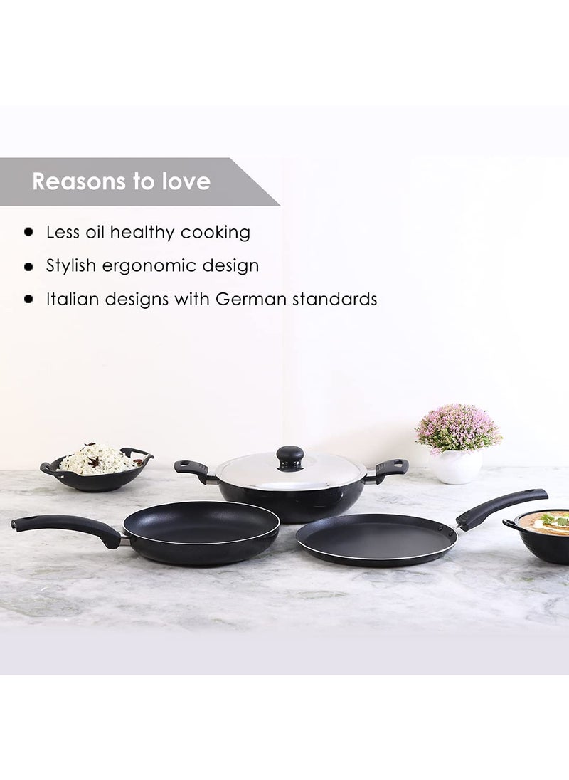 Wonderchef - Wonderchef Platinum Plus Non-Stick Cookware Set Of 4|Kadhai With Glass Lid 24Cm,Fry Pan 24Cm&Dosa Tawa 25Cm|Cool-Touch Bakelite Handle|Pure Grade Aluminium|Pfoa Free|1 Year Warranty|Black - Image 1