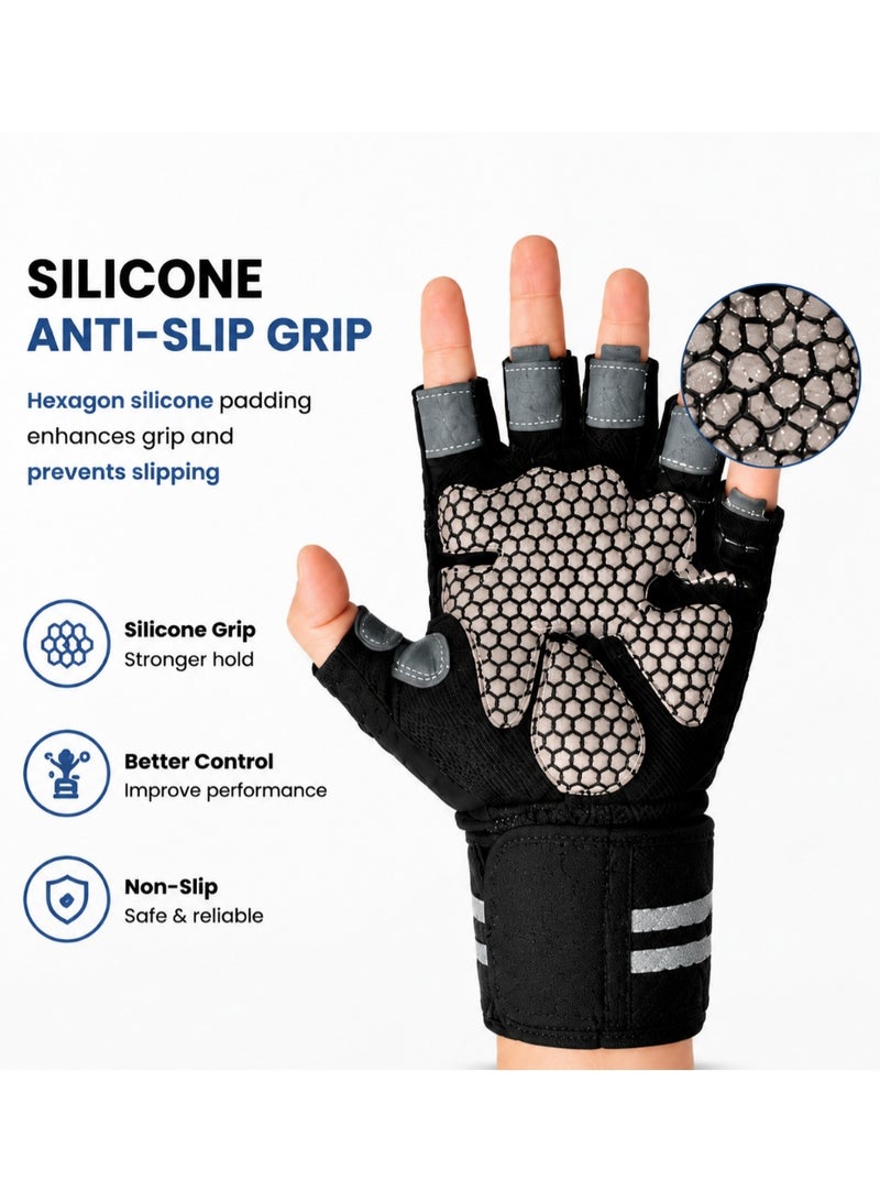 Hirospace Half Finger Weight Lifting Gloves with Adjustable Wrist Support, Breathable Workout Gloves with Anti-Slip Silicone Grip and Padded Palm Protection, Gym Training Gloves for Deadlift, Pull Up, Crossfit & Fitness for Men Women, Black - Image 2
