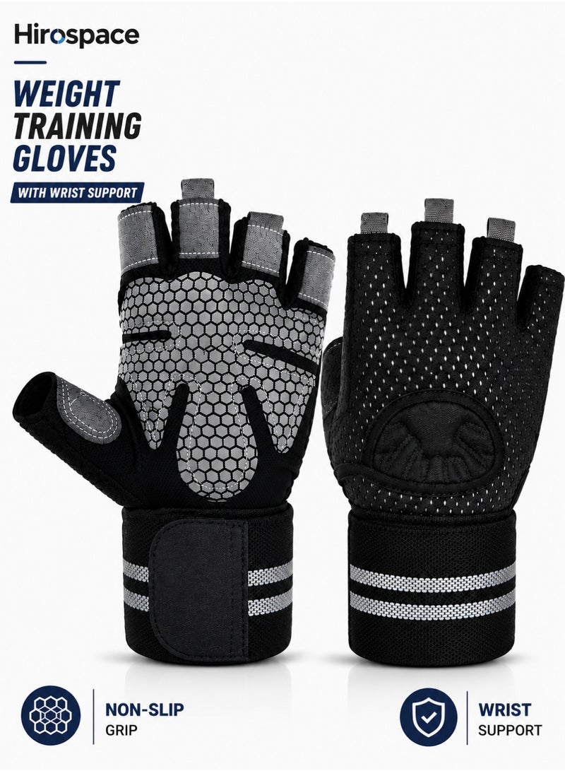 Hirospace Half Finger Weight Lifting Gloves with Adjustable Wrist Support, Breathable Workout Gloves with Anti-Slip Silicone Grip and Padded Palm Protection, Gym Training Gloves for Deadlift, Pull Up, Crossfit & Fitness for Men Women, Black - Image 1
