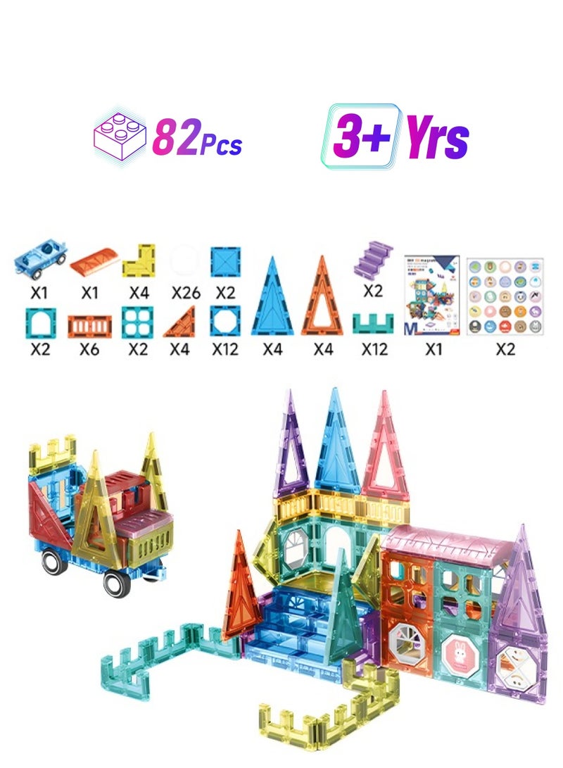 82pcs Magnetic Building Blocks, Transparent Magnetic Building Tiles with Stickers, Perfect for School and Home Use  - Image 1