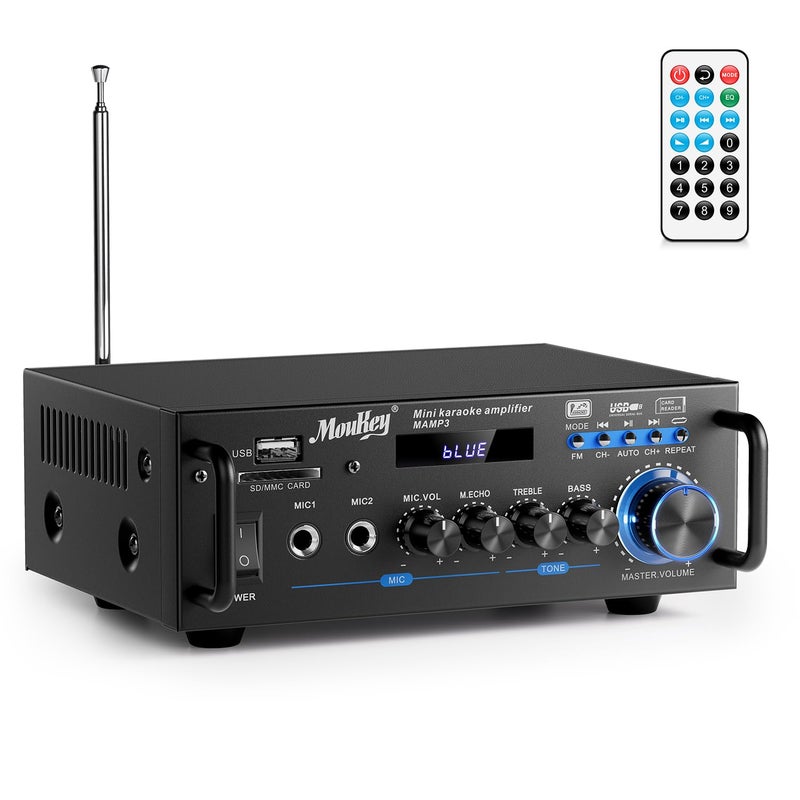Moukey 2.0 Channel Stereo Bluetooth 5.0 Karaoke Amplifier, 300W Audio Stereo Receiver with RCA, USB, SD, 2 Mic Inputs, FM Radio - Image 1