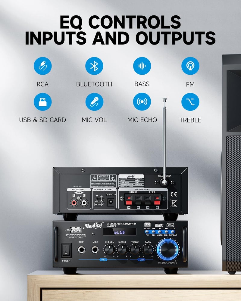 Moukey 2.0 Channel Stereo Bluetooth 5.0 Karaoke Amplifier, 300W Audio Stereo Receiver with RCA, USB, SD, 2 Mic Inputs, FM Radio - Image 2