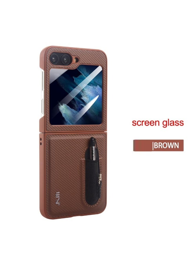 FLIP 6 -JSJM BACK CASE CARBON WITH PEN + GLASS COVER CASE FOR SAMSUNG GALAXY FLIP 6 ( Design - 118 ) [Brown Color]
