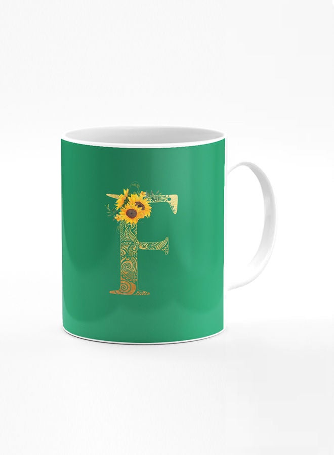 Stylizedd Designer Printed Coffee Mug 11oz Ceramic Personalised Gift Mugs Cup Custom Monogram Initial Letter Floral Pattern Alphabet F (Dark Spring Green)  - Image 1