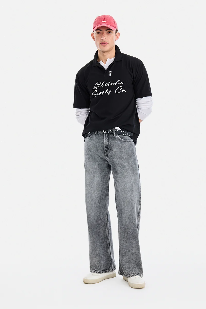 سنيتش Black Embroidered Half Sleeve Oversized Streetwear T-Shirt