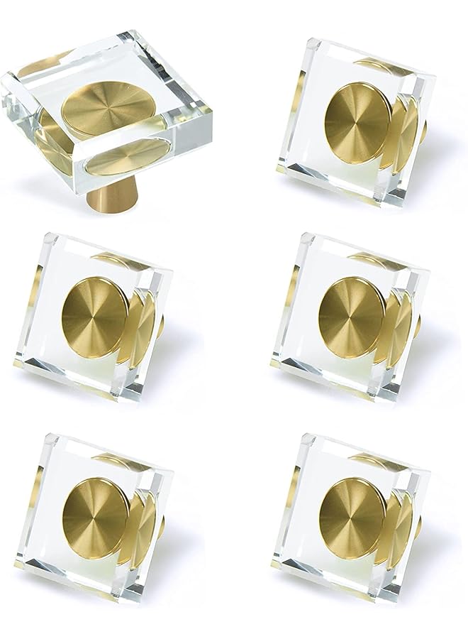 promass Glass Crystal Knobs, Cabinet Knobs and Pulls, Oval Crystal Knobs for Dresser Drawers, Brass Drawer Pull Cabinet Handle Gold Furniture Hardware for Dresser Kitchen 6 Pack (Square) - Image 1