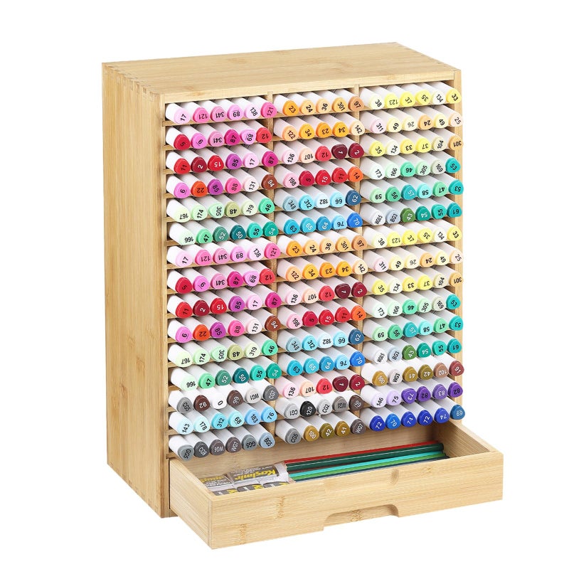 AUTOARK Bamboo Marker Organizer for 225 Markers,Desktop Storage Hold with drawers,Art Markers Pens Pencils Art Brushes Stationary Organizer Marker Pen Holder,AHK-063 - Image 1