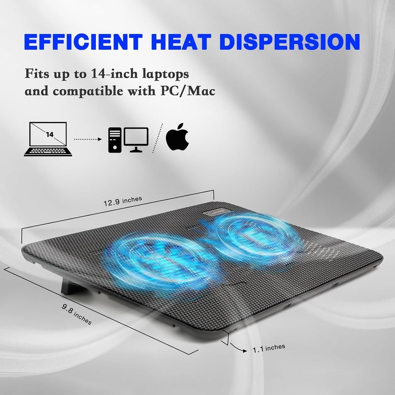 Coolertek Laptop Cooling Pad, Portable Slim Quiet Laptop Notebook Cooler Cooling Pad Stand with 2 Blue LED Fans, USB Powered, Adjustable Angled, Fits 11-14 Inch Laptop - Image 5