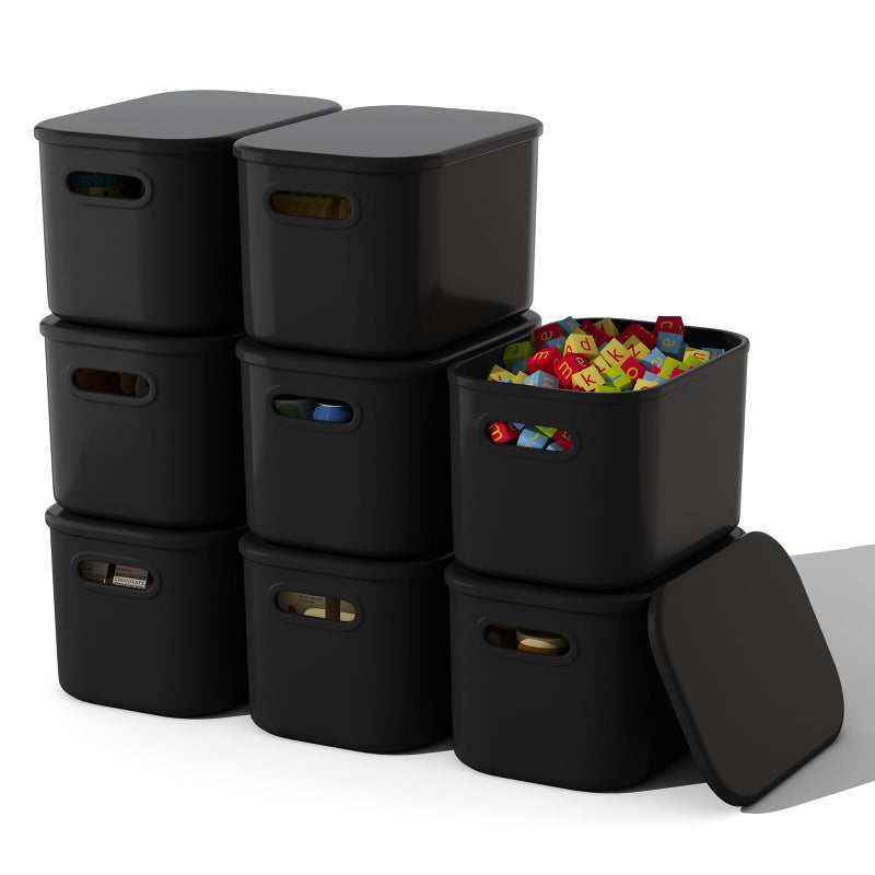 ORGIDOL 8 Pack Black Storage Bins with Lids Stackable Storage Container for Organizing Black Storage Boxes with Handle for Shelves Cute Organizer Bins for Craft Snacks 985x69x57 inch