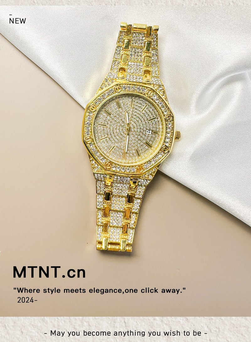 MREURIO Fashion Octagonal Diamond Zircon Calendar Watch for Men and Women - Gold Color - Image 1