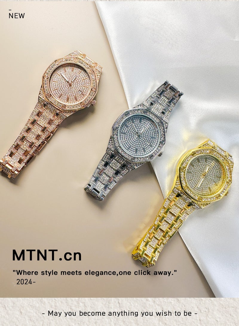 MREURIO Fashion Octagonal Diamond Zircon Calendar Watch for Men and Women - Gold Color - Image 2