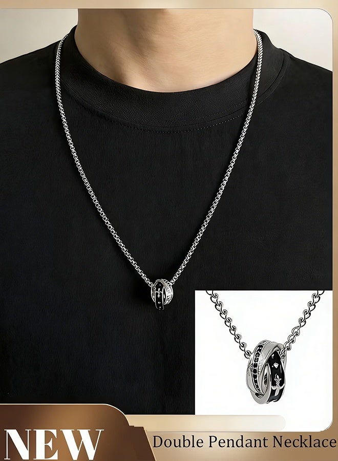 Happy D Men's Titanium Steel Double Ring Necklace For Men, Unique Design Streetwear Neck Chain, High-end Luxury Pendant For Gentlemen Black & White - Image 1