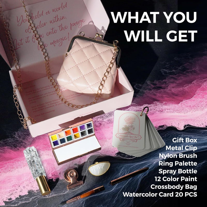 Funto Travel Watercolor Set, Fashion 12-Color Outdoor Paint Kit, with Crossbody Bag, Art Craft, Paint Supplies, Stocking Stuffers for Teen Girls, Portable Gift for Art - Image 2