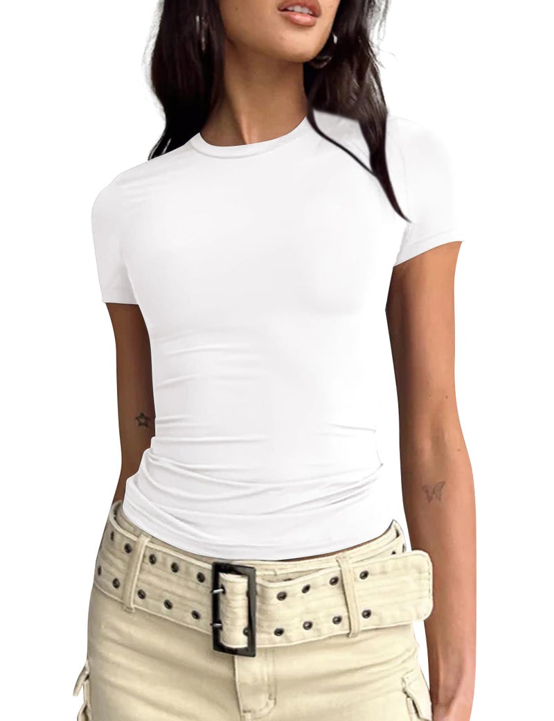 BAIGRAM AKLOPVII Women’s Basic Slim fit Crop Top Tee Shirt Short Sleeve Workout Round Neck Cropped Tshirt White - Image 1