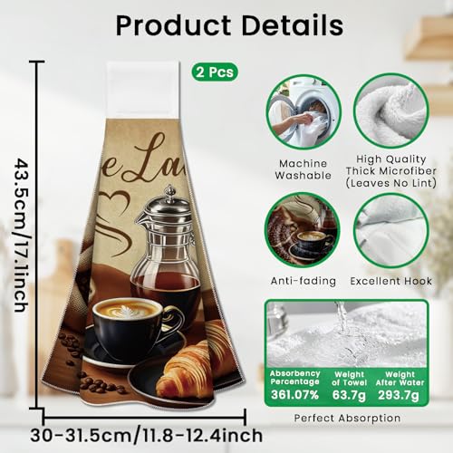 CUTHOLLOW Coffee Element Hanging Kitchen Towels with Loop, Set of 2 - Soft & Super Absorbent Microfiber Decorative Hanging Dish & Hand Towel, Tea, Coffee Towel for Kitchen Bathroom Oven Handle - Image 2