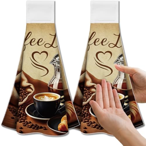 CUTHOLLOW Coffee Element Hanging Kitchen Towels with Loop, Set of 2 - Soft & Super Absorbent Microfiber Decorative Hanging Dish & Hand Towel, Tea, Coffee Towel for Kitchen Bathroom Oven Handle - Image 1