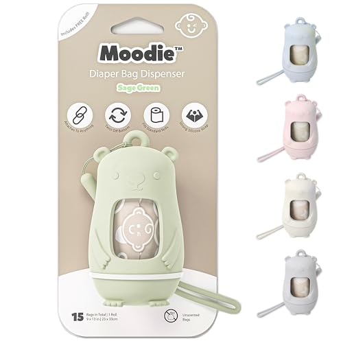 moodie Teddy Bear Diaper Bag Dispenser | Diaper Trash Bags on the Go Dispenser w/Silicon Strap | 15 UNSCENTED Baby Poop Bags per Roll | Dirty Diaper Bags Disposable | Diaper Waste Bags (SAGE GREEN) - Image 1