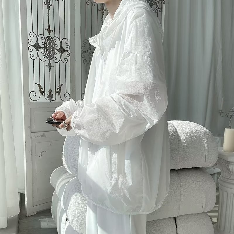 Solid Color Sunscreen Clothes For Men And Women Couple Summer 2023 New Fashion Brand Plus Size Loose Lightweight Hooded Jacket Top - Image 5