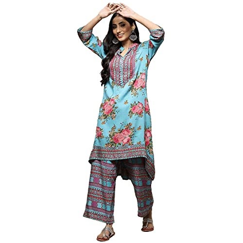 Biba Women Rayon Printed Straight Salwar Kurta Dupatta(Skdrose Bow8773_Turquoise_34) - Image 2