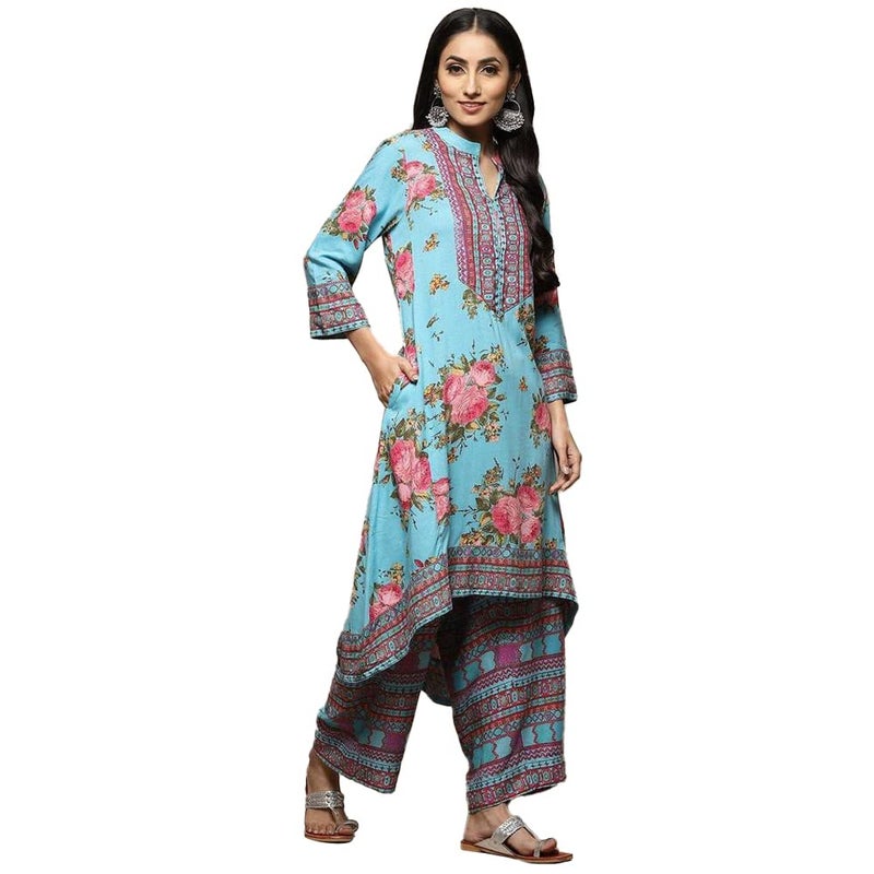 Biba Women Rayon Printed Straight Salwar Kurta Dupatta(Skdrose Bow8773_Turquoise_34) - Image 4