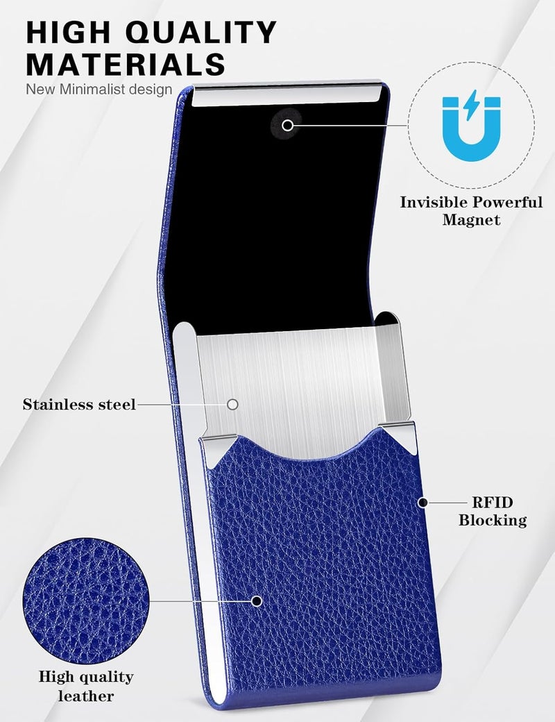 Padike Professional Business Card Holder PU Leather Business Card Case Name Card Holder Slim Metal Pocket Card Holder with Magnetic Shut (Blue) - Image 2