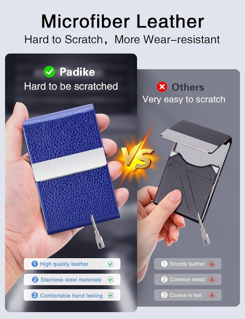Padike Professional Business Card Holder PU Leather Business Card Case Name Card Holder Slim Metal Pocket Card Holder with Magnetic Shut (Blue) - Image 3