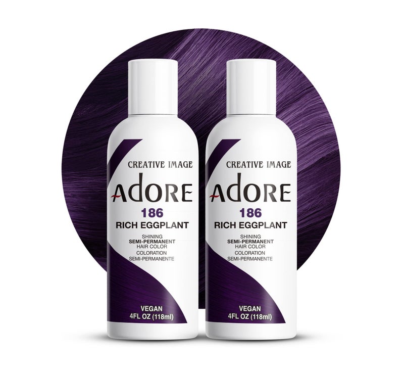 Adore Semi Permanent Hair Color - Vegan and Cruelty-Free Purple Hair Dye - 4 Fl Oz - 186 Rich Eggplant (Pack of 2) - Image 1