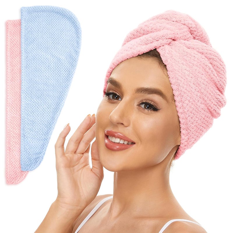 2 Pack Microfiber Hair Towel Wrap for Women Anti Frizz Quick Drying Hair Turban for All Hair Style Absorbent and Lightweight BluePink
