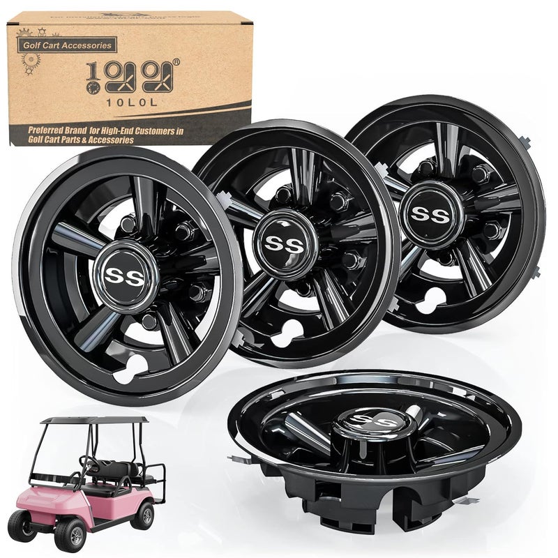 10L0L Golf Cart Wheel Covers Hub Caps for EZGO, Club Car, Yamaha - 8 Inch Snap-on Installation, Black, Set of 4 - Image 1