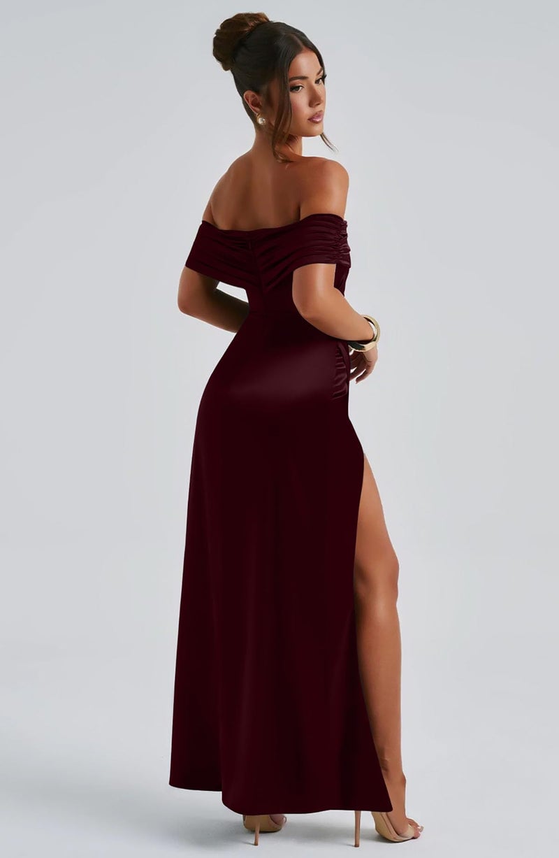 Memoriesea Women's Elegant Off Shoulder High Split Bodycon Evening Wedding Maxi Dress Burgundy - Image 5
