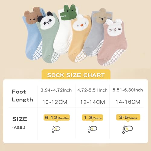 Bearbay Baby Socks 6 Pairs - Non-Slip Gripper for Toddlers, Infants & Kids, Soft Cotton Crew Socks for Boys & Girls - Image 4