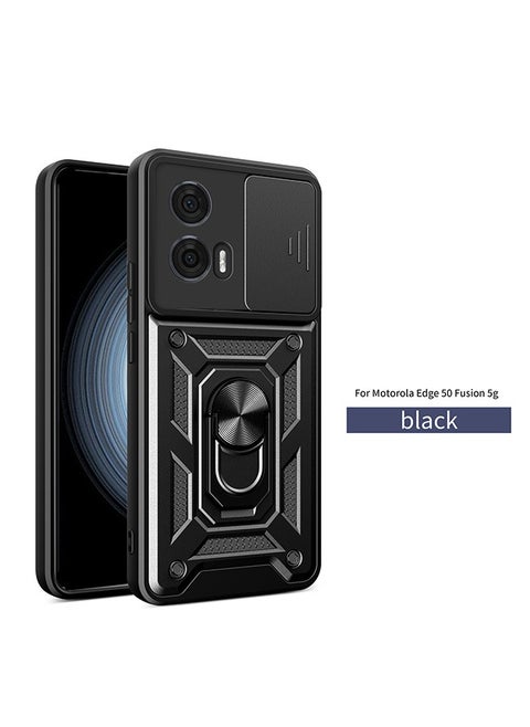 Compatible for Motorola Edge 50 Fusion 5G Case with Sliding Camera, Integrated 360 Degree Rotating Ring Kickstand, Shockproof Protective Cover, Anti-Fall Drop Protection, Shockproof Case, Black