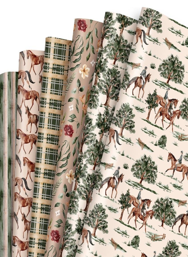 Whaline 12 Sheets Western Horse Wrapping Paper - Not Roll - Vintage Cowboy Pony Watercolor Flower Gift Wrap Paper 19.7 x 27.6 Inch West Retro Folded Flat Giftwrap for Birthday Baby Shower Party - Image 1