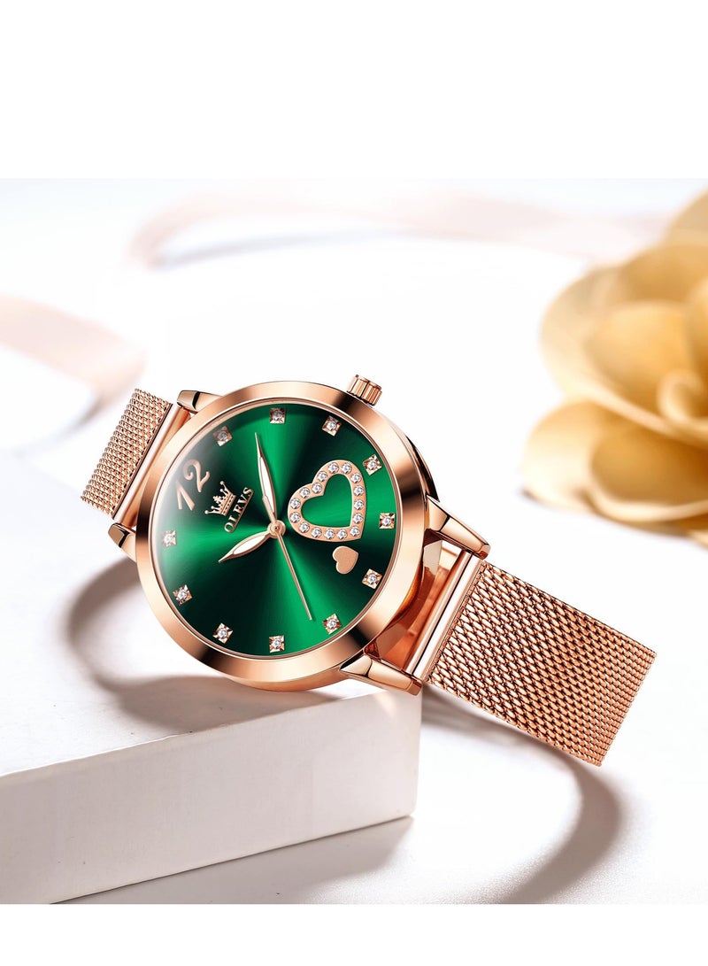 أوليفز ساعة OLEVS النسائية، ساعة معصم صغيرة باللون الذهبي الوردي والألماس اللطيف على شكل قلب وأرقام عربية للنساء، ساعة رسمية عصرية مقاومة للماء بسوار شبكي تناظري - Image 2