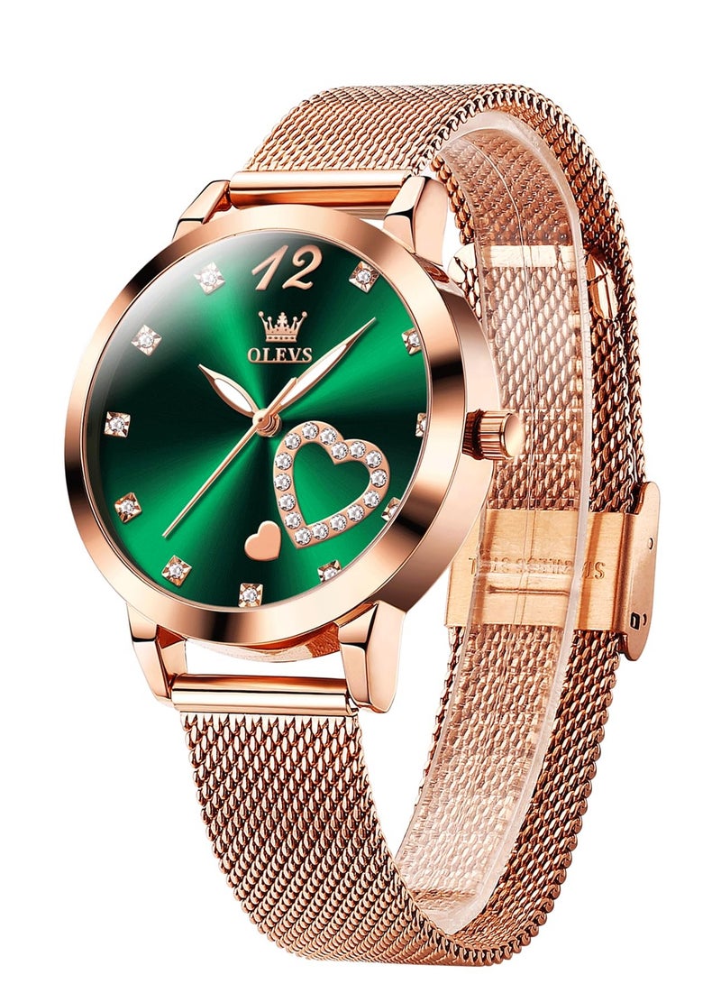 أوليفز ساعة OLEVS النسائية، ساعة معصم صغيرة باللون الذهبي الوردي والألماس اللطيف على شكل قلب وأرقام عربية للنساء، ساعة رسمية عصرية مقاومة للماء بسوار شبكي تناظري - Image 1