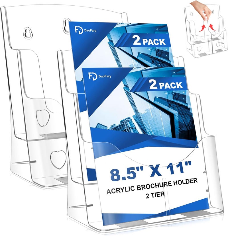 Daofary 2 Pack Acrylic Brochure Holder 8.5 x 11 in, 2-Tier Brochure Display Stand with Removable Divider for 4 x 9 in Trifold Pamphlets, Clear Flyer Holder for Wall Mount or Countertop - Image 1