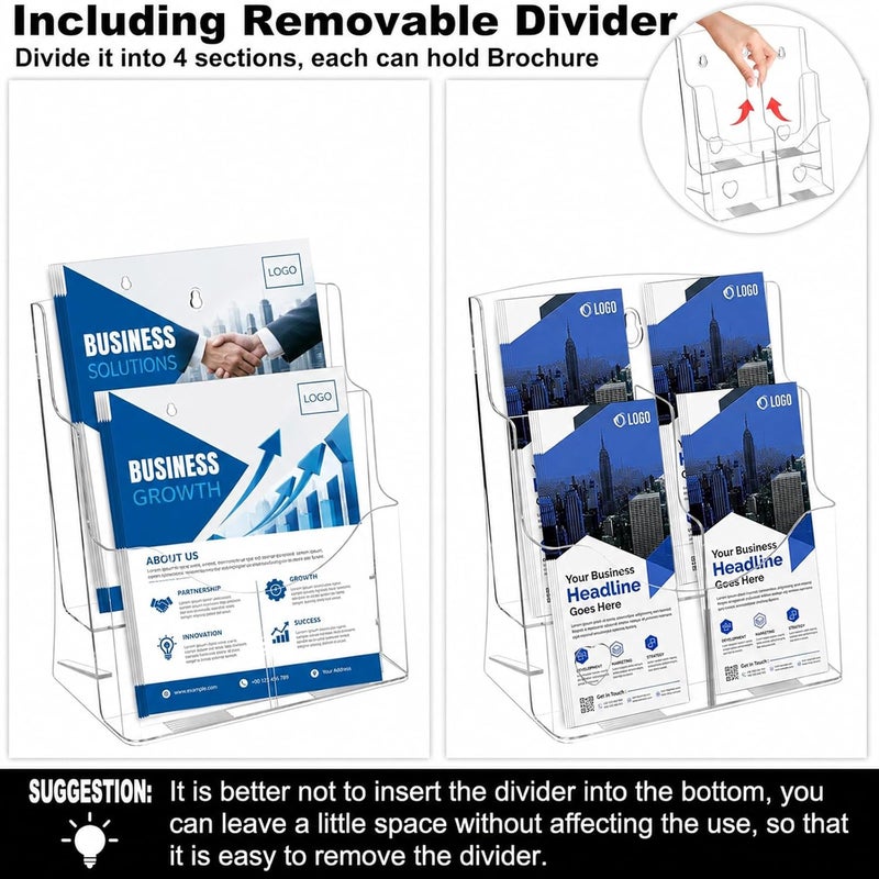 Daofary 2 Pack Acrylic Brochure Holder 8.5 x 11 in, 2-Tier Brochure Display Stand with Removable Divider for 4 x 9 in Trifold Pamphlets, Clear Flyer Holder for Wall Mount or Countertop - Image 5