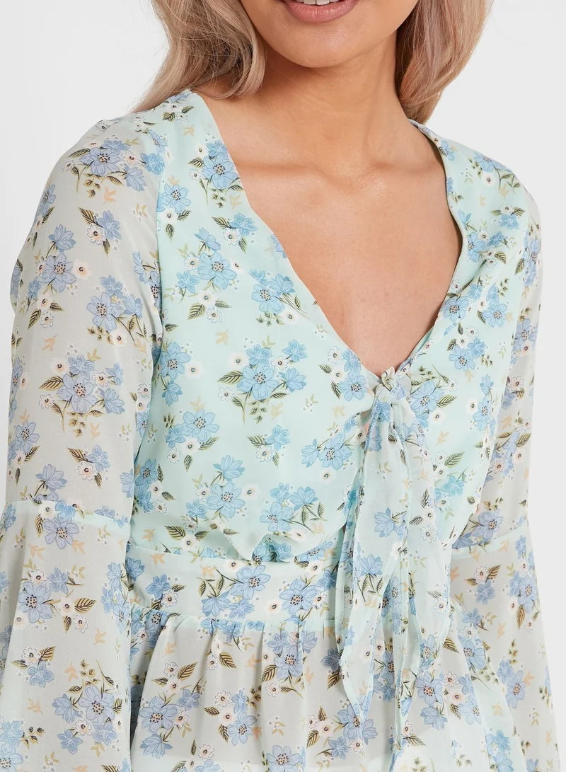 Ginger Floral Print Tie Front Peplum Top