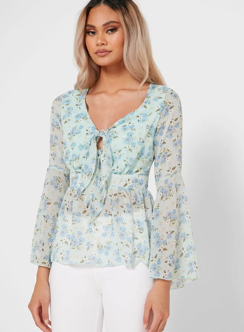 Ginger Floral Print Tie Front Peplum Top