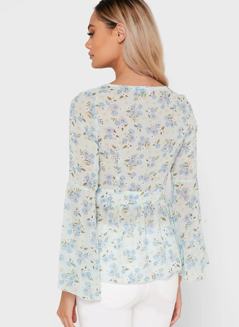 Ginger Floral Print Tie Front Peplum Top