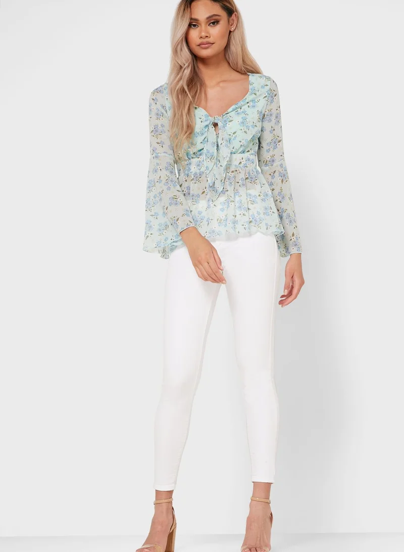 Ginger Floral Print Tie Front Peplum Top