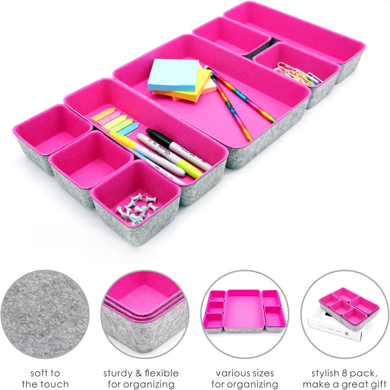 Welaxy Desk Drawer Organizer Tray Set, 8-Piece Office Drawer Organizers for Pens, Makeup, Keys, Crafts, Entryway Catchall, Decluttering Storage (Hot Pink) - Image 4