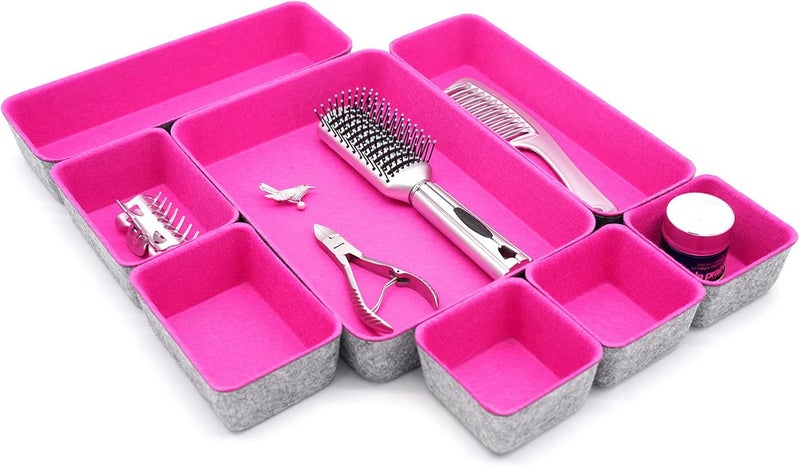 Welaxy Desk Drawer Organizer Tray Set, 8-Piece Office Drawer Organizers for Pens, Makeup, Keys, Crafts, Entryway Catchall, Decluttering Storage (Hot Pink) - Image 5