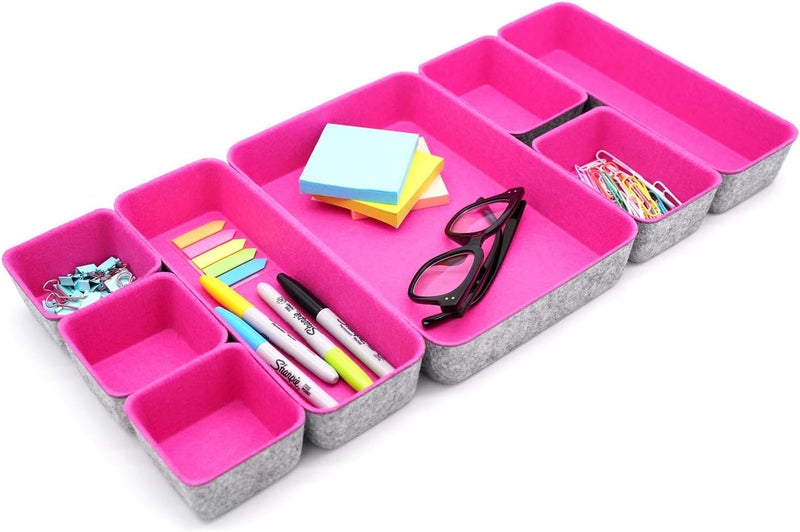 Welaxy Desk Drawer Organizer Tray Set, 8-Piece Office Drawer Organizers for Pens, Makeup, Keys, Crafts, Entryway Catchall, Decluttering Storage (Hot Pink) - Image 1