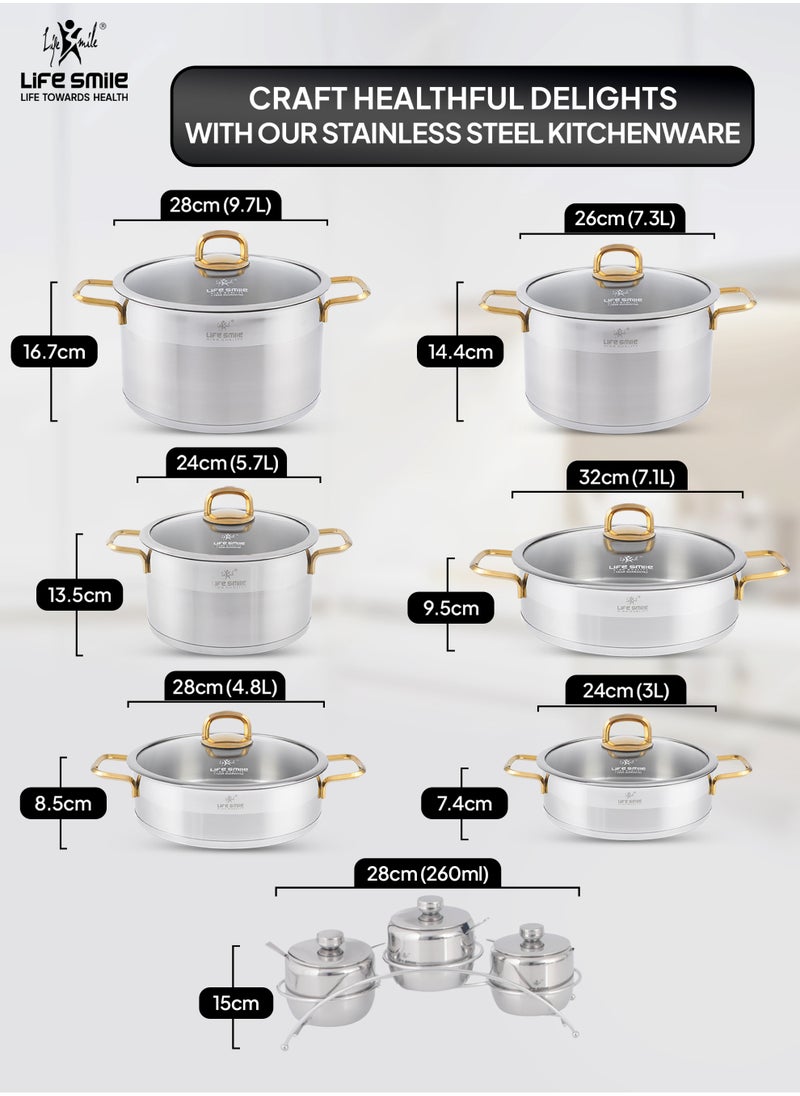 Life Smile LIFE SMILE 19-Pcs Stainless Steel Cookware Set - 18/10 Premium Stainless Steel Pots and Pans Set - Cooking Pots Set Compatible with All Stovetops Including Induction - Steel Cookware Set includes 24/26/28cm Soup Pots with lid , 24/28/32 Shallow pots with Lid and 3pcs Spice Pot with Lid,Spoon & Stand,Oven Safe Cookwares  - Image 3