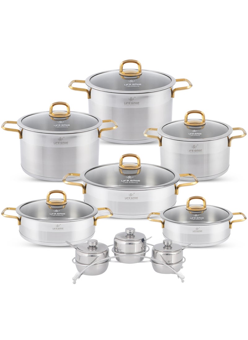 Life Smile LIFE SMILE 19-Pcs Stainless Steel Cookware Set - 18/10 Premium Stainless Steel Pots and Pans Set - Cooking Pots Set Compatible with All Stovetops Including Induction - Steel Cookware Set includes 24/26/28cm Soup Pots with lid , 24/28/32 Shallow pots with Lid and 3pcs Spice Pot with Lid,Spoon & Stand,Oven Safe Cookwares  - Image 1