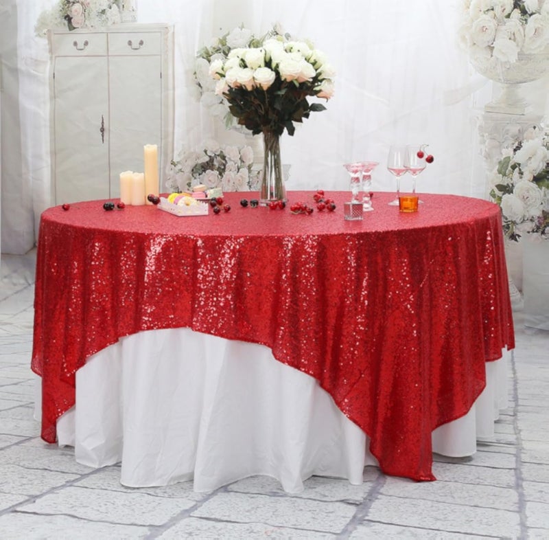 PartyDelight Sequin Tablecloth, Christmas Tree Skirt, Square, 70"x70", Dark Red