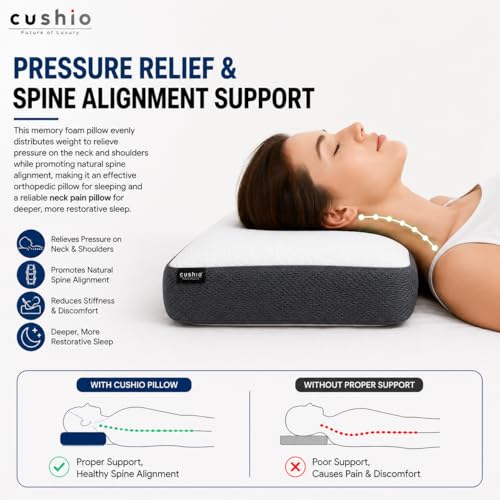 CUSHIO Memory Foam Pillow for Neck Pain and Shoulder Pain, Cervical Orthopedic Pillow 21x13x3 Inch, Ergonomic Memory Foam Neck Support Pillow, Ortho Pillow for Sleeping (Set of 1) White & Grey - Image 4