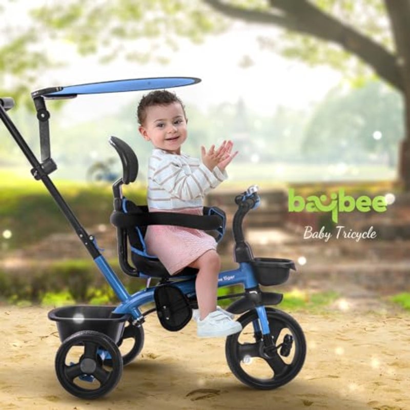 Toddler tricycle for outdoor play, durable steel frame, blue color, parental push handle, canopy, 360 swivel seat and cup holder - Image 3